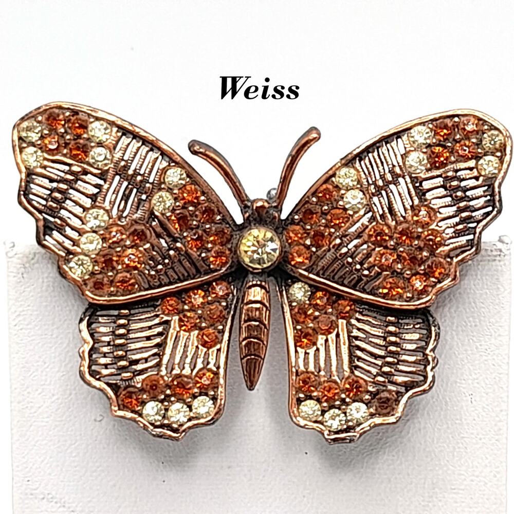 Vintage Weiss Butterfly Brooch, Copper Plated, Clear Orange Rhinestones, 1960s